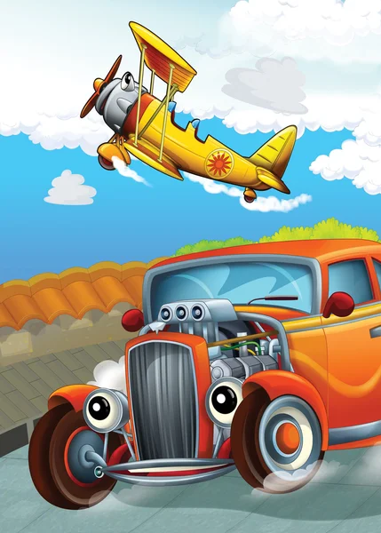 The car and the flying machine - illustration for the children — Stock Photo, Image