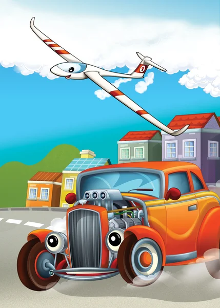 The car and the flying machine - illustration for the children — Stock Photo, Image