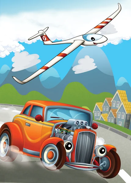 The car and the flying machine - illustration for the children — Stock Photo, Image