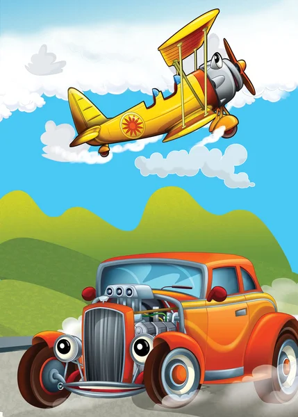 Mașina și mașina zburătoare - ilustrație pentru copii — Fotografie, imagine de stoc