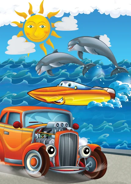 Car and swimming mashines - Illustration for children — Stock Photo, Image