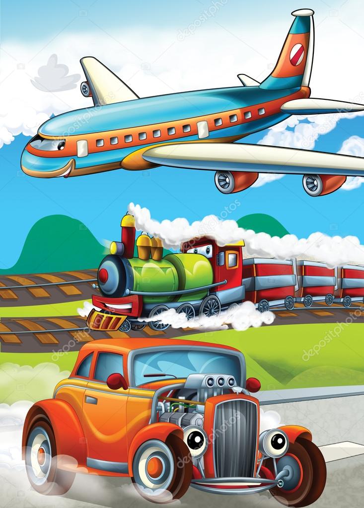 The locomotive, car and the flying machine - illustration for the children