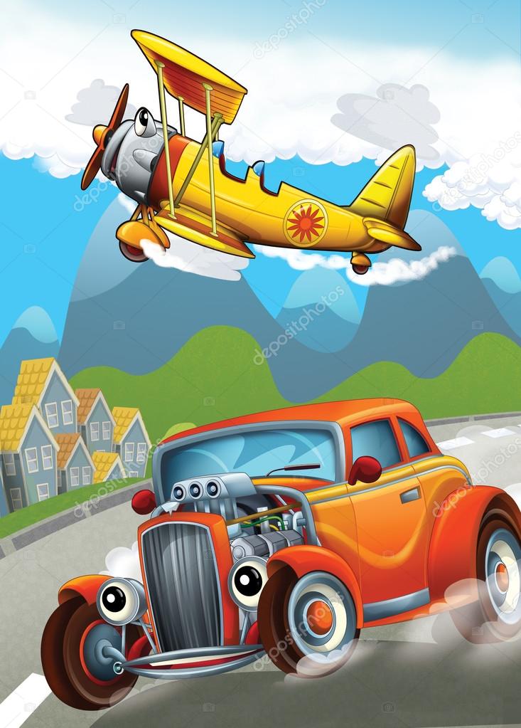 The car and the flying machine - illustration for the children