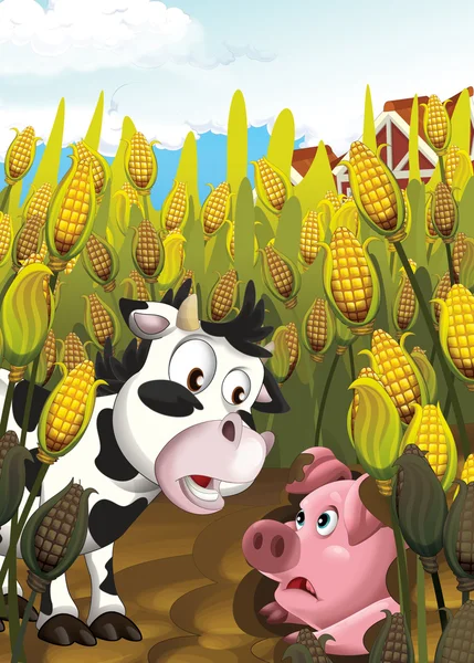 Tecknade svinen leker kurragömma i fältet — Stockfoto