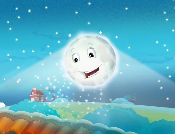 Cartoon smiling moon by the night with the stars — Stock Photo, Image