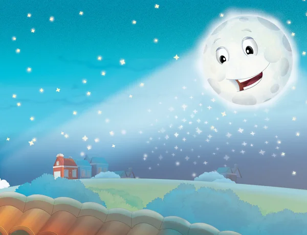 Cartoon smiling moon by the night with the stars — Stock Photo, Image