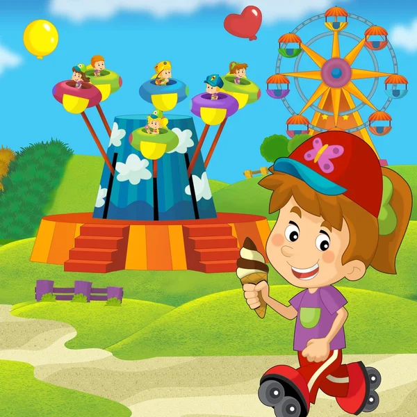 Ilustração de uma criança em um carrossel parque — Fotografia de Stock