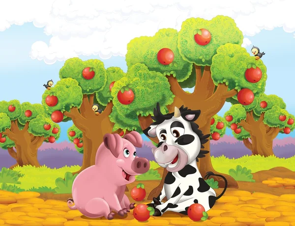 The cartoon pig and cow playing in the orchard and eating apples