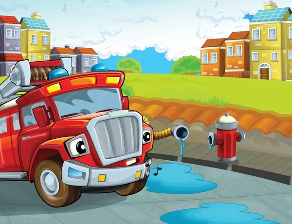 The red firetruck - duty - illustration for the children — Stock Photo, Image