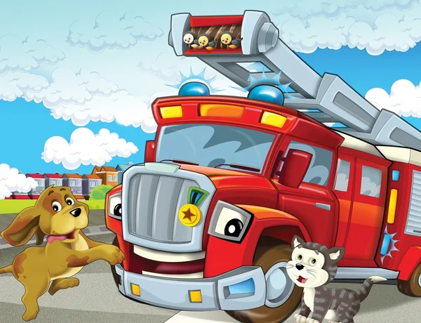The red firetruck - duty - illustration for the children — Stock Photo, Image
