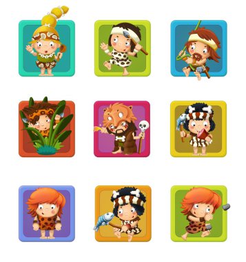 The cavemen - stone age. Set of 9 glossy square web icons. clipart