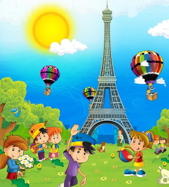 The iconic and historical architecture of Europe- with children - the Eiffel tower in Paris - illustration for the children — Stock Photo, Image