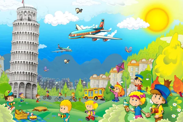 La arquitectura icónica e histórica de Europa con los niños - la Torre Inclinada de Pisa - ilustración para los niños — Foto de Stock