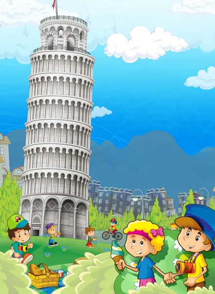 La arquitectura icónica e histórica de Europa con los niños - la Torre Inclinada de Pisa - ilustración para los niños —  Fotos de Stock