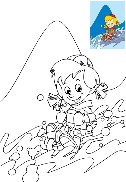 Le gosse sur les skis s'amuser dans les montagnes - loisirs - temps libre Coloriage — Photo