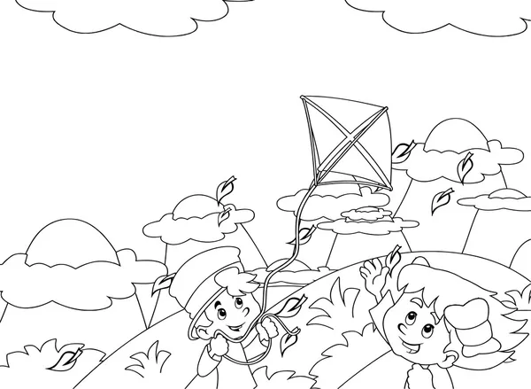 Cartoon enfants jouant automne avec cerf-volant — Photo