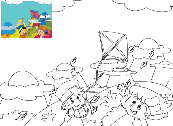 Cartoon kids playing autumn with kite — Stock Photo, Image