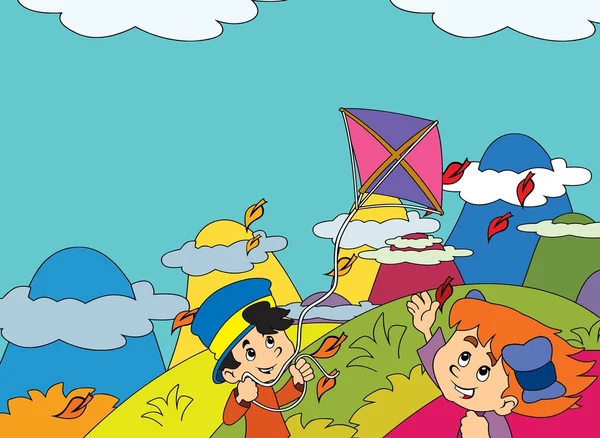 Cartoon kids playing autumn with kite