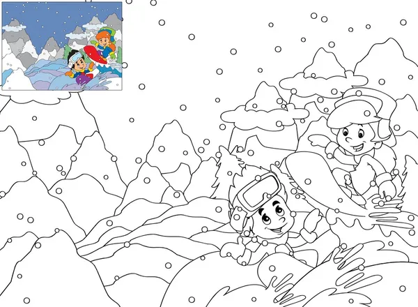 Cartoon kid doing freestyle slide Coloring page — Stock Image Cartoon kid doing freestyle slide Coloring page Stock Photo