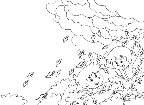 Dibujos animados niños jugando otoño para colorear página —  Fotos de Stock