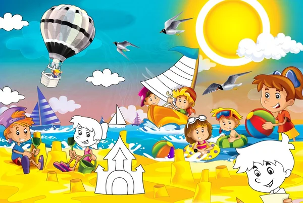 Niños en la playa - página para colorear - ilustración para los niños — Foto de Stock