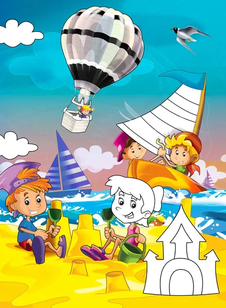 Enfants à la plage - coloriage - illustration pour les enfants — Photo