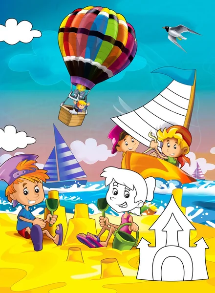 Crianças na praia - página para colorir - ilustração para as crianças — Fotografia de Stock