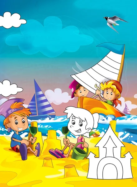 Bambini in spiaggia - pagina da colorare - illustrazione per i bambini — Foto Stock