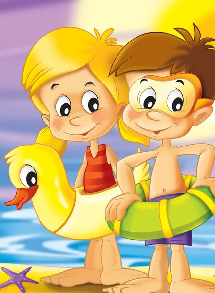 The pair of kids standing by the sea preparing themselves to swim - bright illustration for children — Stock Photo, Image
