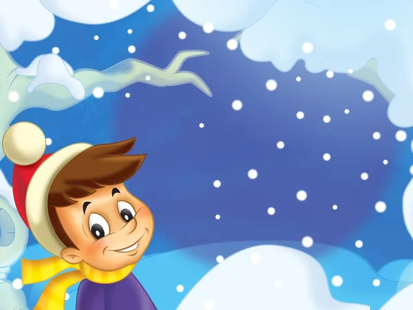 La escena feliz - niño en el invierno - divertirse jugando en la nieve —  Fotos de Stock