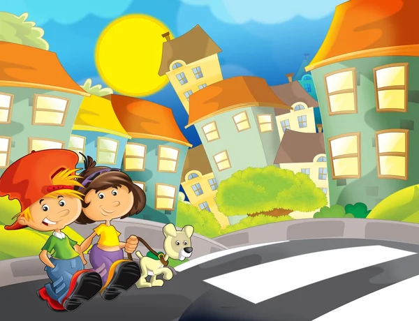 L'illustrazione felice per bambini che attraversano la strada - tema educativo ma anche semplicemente buon soggetto generale — Foto Stock