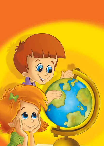 The pair of kids having fun - learning from the globe — Stock Photo, Image