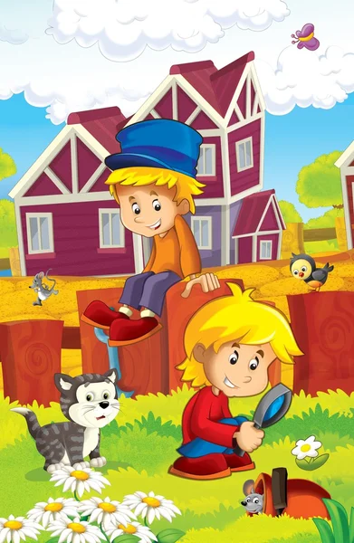 Dzieci w pobliżu domu ilustracja dla dzieci — Zdjęcie stockowe