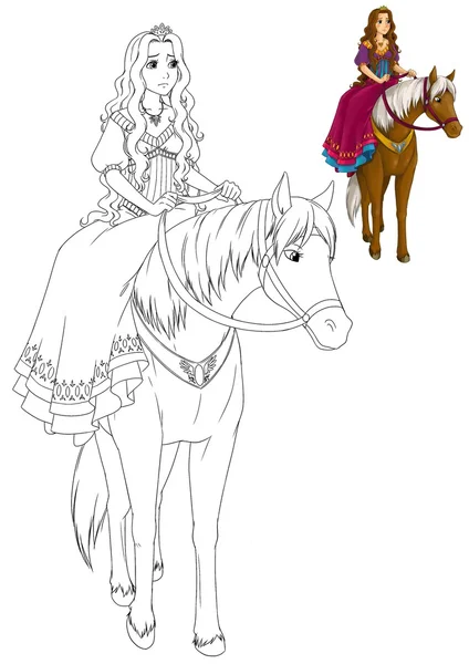 The coloring book with preview - Cartoon princess on horse — Stock Photo, Image