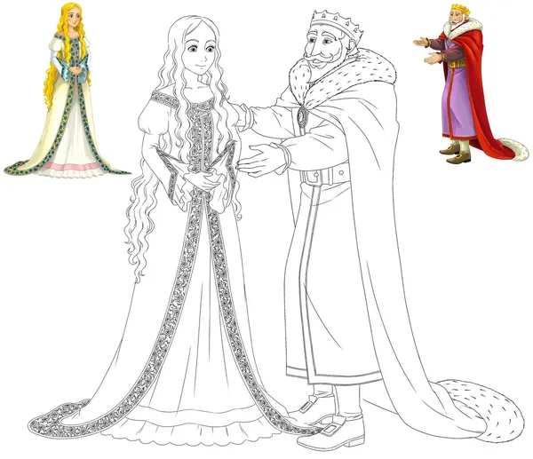 The coloring book with preview - Cartoon king and princess — Stock Photo, Image