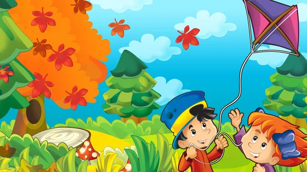 Niños de dibujos animados jugando otoño — Foto de Stock