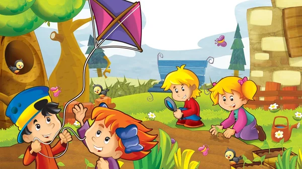 Cartoon kids playing autumn — Stock Photo, Image