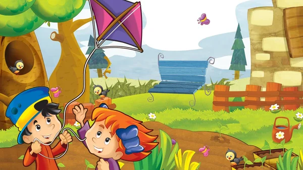 Bambini dei cartoni animati che giocano autunno — Foto Stock