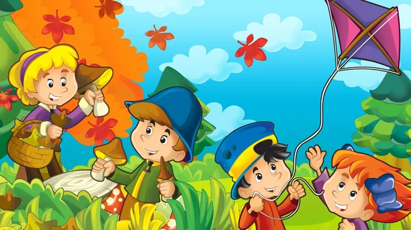 Desenhos animados crianças jogando outono — Fotografia de Stock