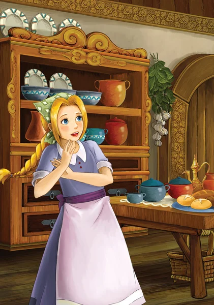 公主-灰姑娘城堡-骑士和仙女-美丽漫画女孩-儿童插画 — 图库照片