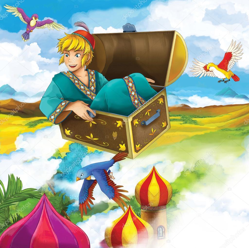The flying trunk - the prince - castles - knights and fairies - Beautiful Manga style- illustration for the children
