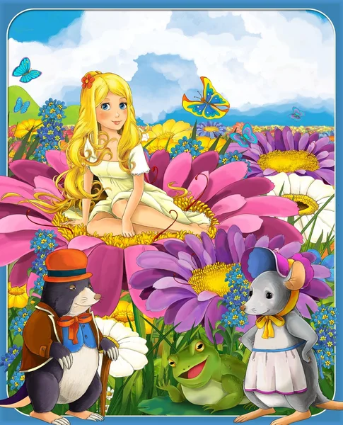拇指姑娘-公主-城堡-骑士和仙女-美丽漫画女孩-儿童插画 — 图库照片