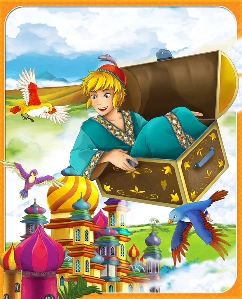 The flying trunk - the prince - castles - knights and fairies - Beautiful Manga style- illustration for the children — Stock Photo, Image