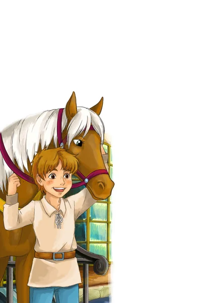 Хлопчик в кабінці з конем — стокове фото
