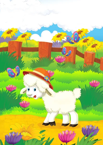 Cartoon illustration with sheep on the farm — Stock Photo, Image