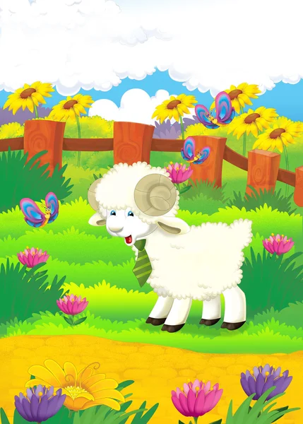 Illustrazione dei cartoni animati con pecore in azienda — Foto Stock