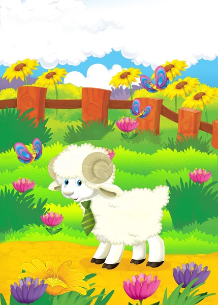 Illustrazione dei cartoni animati con pecore in azienda — Foto Stock
