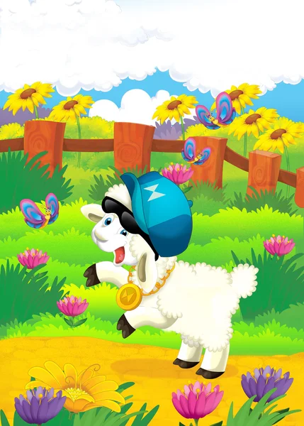 Ilustración de dibujos animados con ovejas en la granja - estilo disco — Foto de Stock