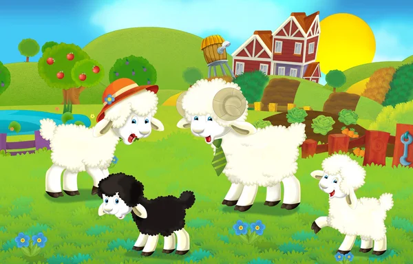 Cartoon illustration with sheep family on the farm — Stock Photo, Image