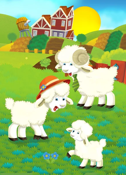 Kreslený obrázek s rodinou ovcí na farmě — Stock fotografie